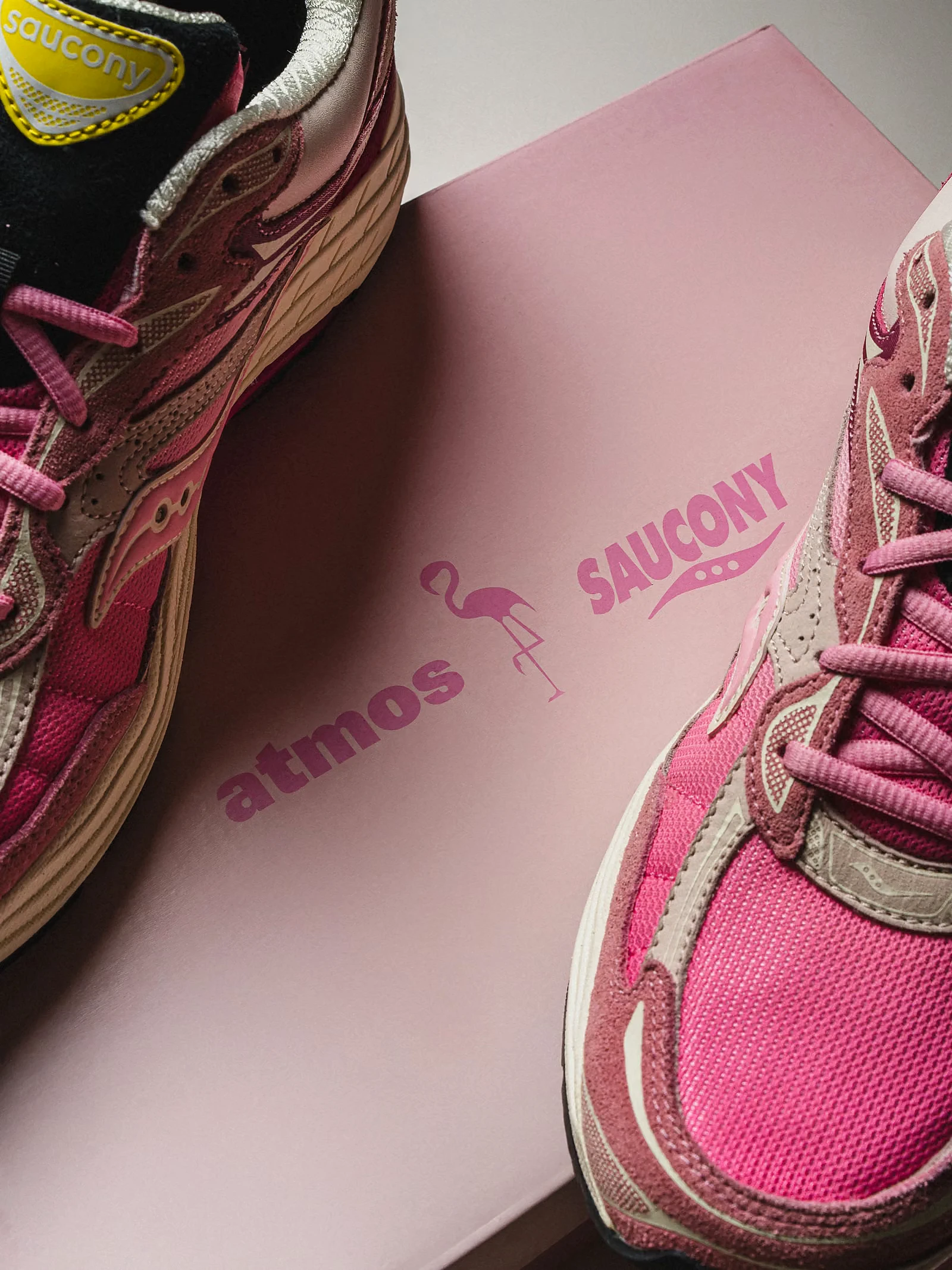 atmos x Saucony ProGrid Omni 9 Pink Flamingo - dettaglio tomaia e scatola"