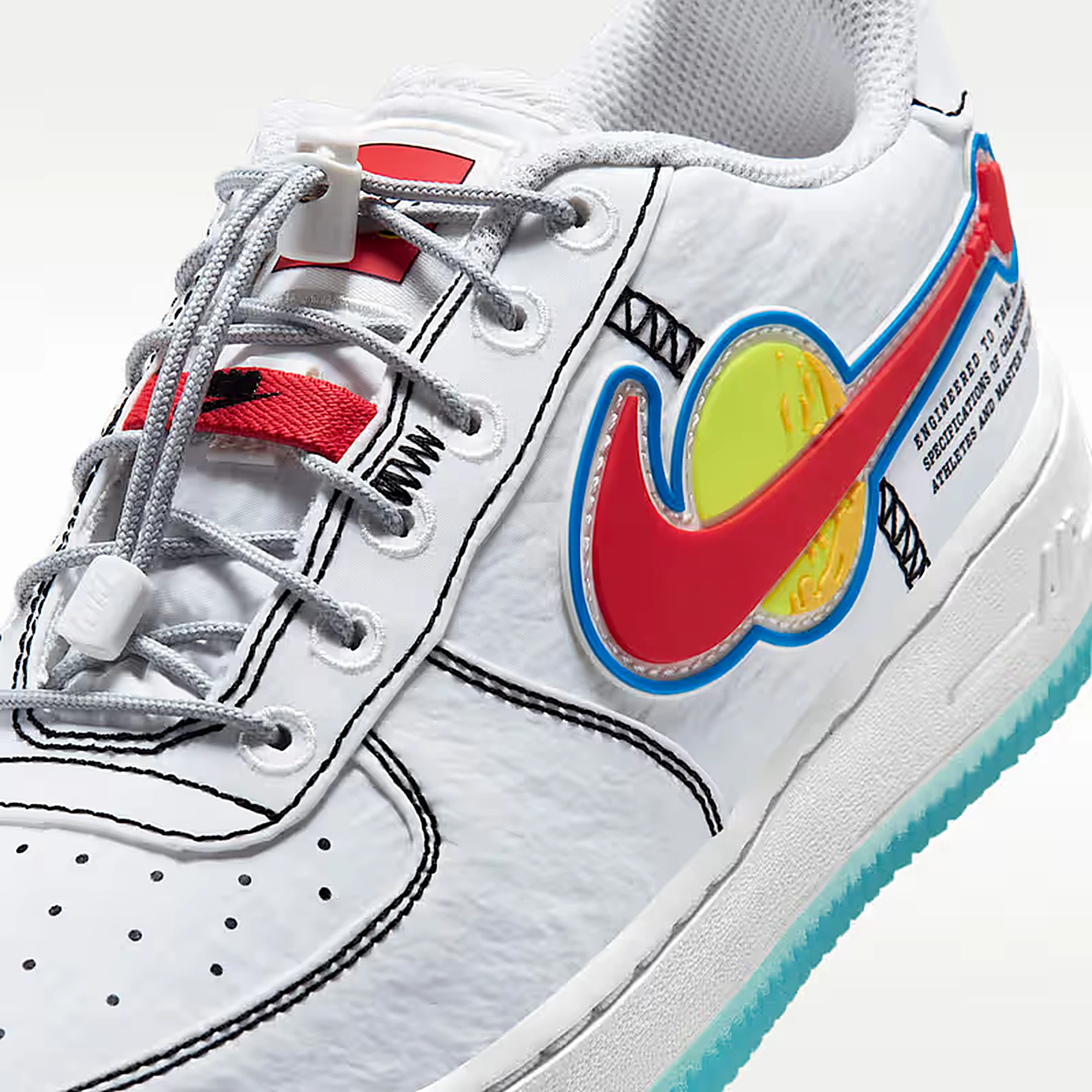 LEGO x Nike Air Force 1 Low Outer Space IU2551-100 - dettaglio Swoosh a razzo e lacci elastici"