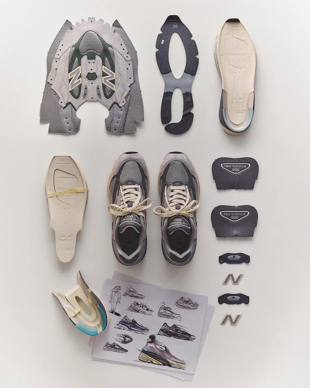 New Balance 990v7 Made in USA Kool Grey U990GR7 - componenti della tomaia e intersuola"